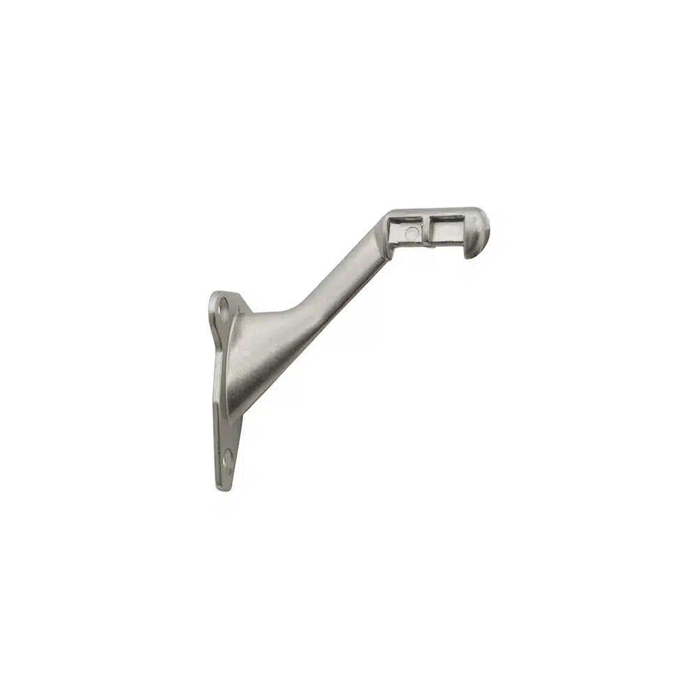 Taymor Industries zinc die-cast metal stair handrail bracket features a wall plate with two mounting holes, an angled arm, and a flat support for under-rail attachment. Includes screws for secure wall projection.
