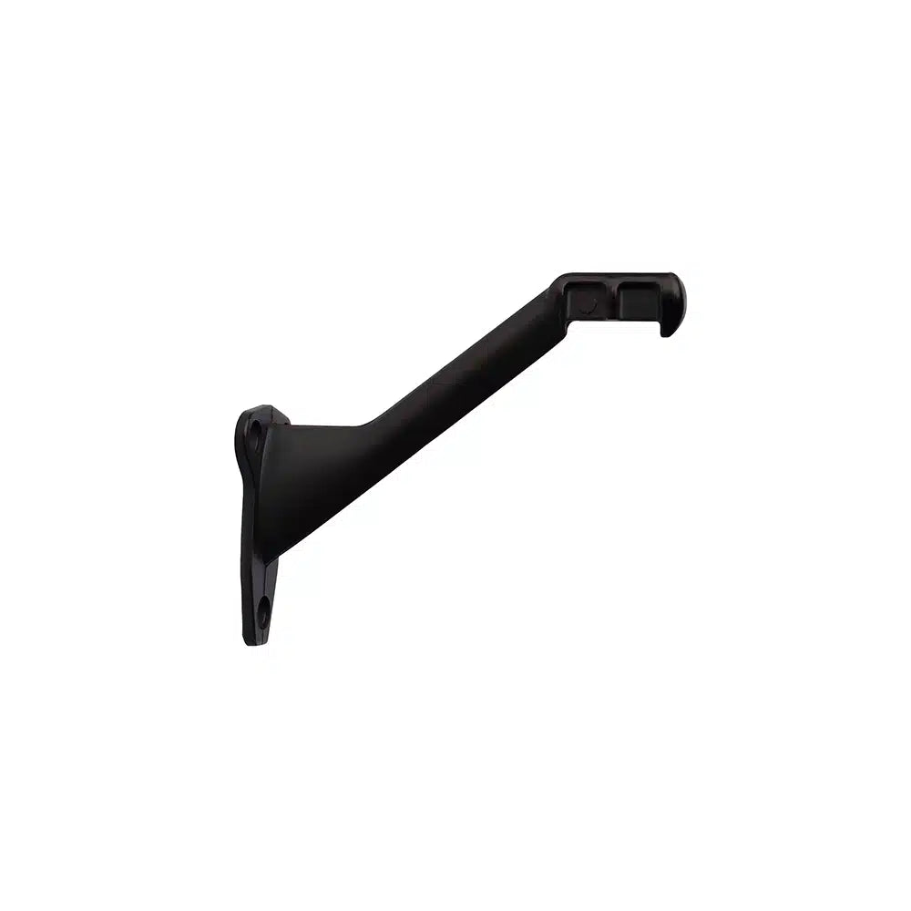 Taymor Industries black metal wall bracket features an angled arm and two mounting holes for screws, ideal for supporting shelves or rods. Its modern, minimalist design ensures sturdy projection from the wall. Photographed on a white background.