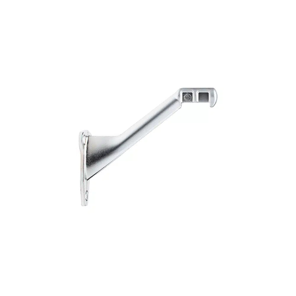 The Taymor Industries zinc die-cast silver wall bracket features a flat base, angled arm with rounded open slot for supporting rods or bars, and comes with mounting screws for secure attachment.