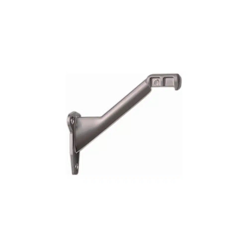Taymor Industries wall-mounted bracket, made from durable zinc die-cast, has two screw holes on the base and an upward-angled arm with a hook for supporting a rod or shelf. Generous wall projection. Mounting screws not included.