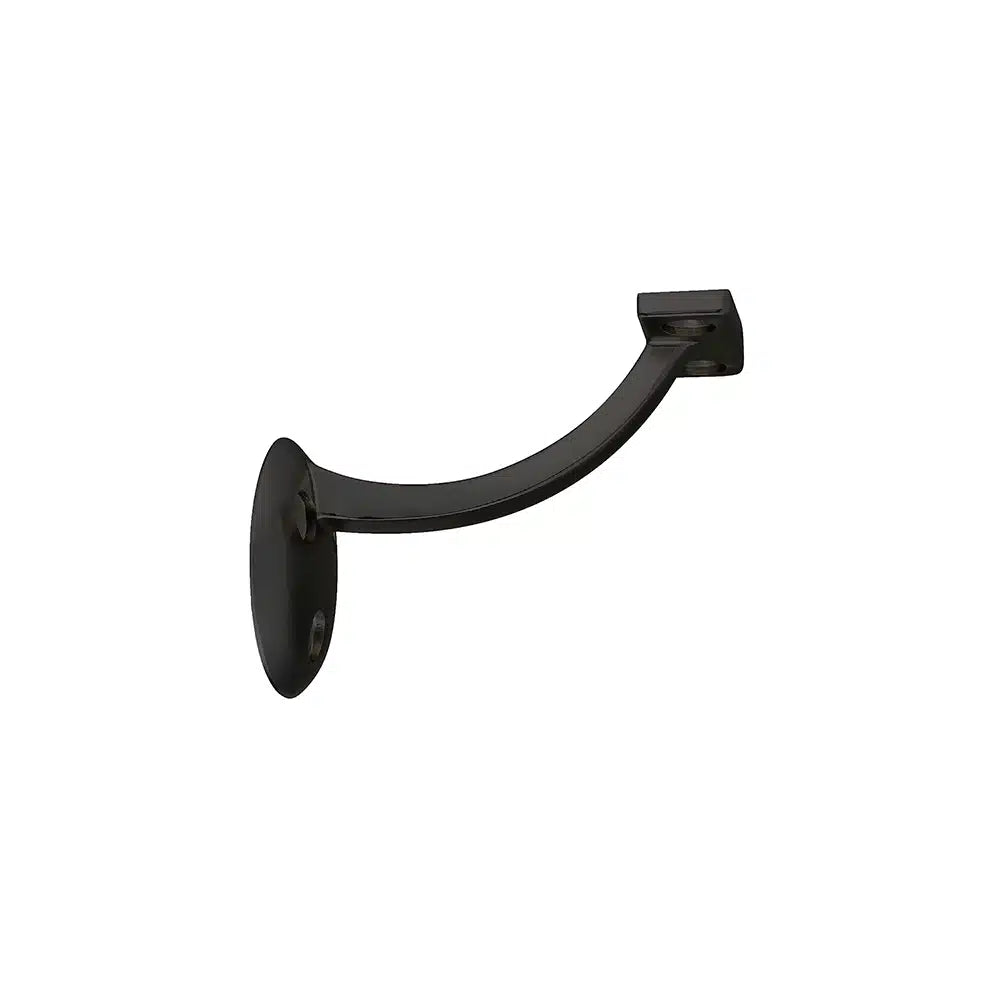 Taymor Industries black metal wall bracket with a curved arm and two mounting plates, made from durable zinc die-cast with a smooth finish, supports handrails or similar fixtures. Ships from Canada. Shown against a plain white background.