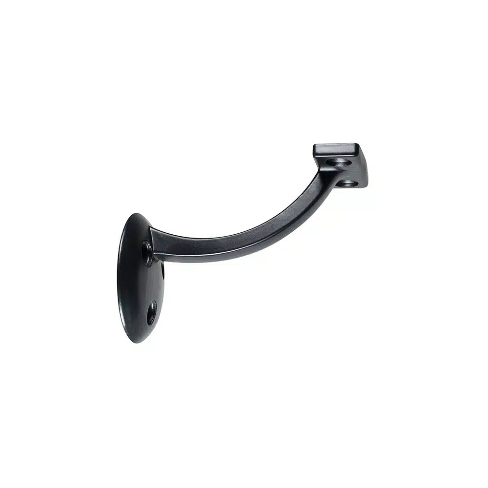 A Taymor Industries black zinc die-cast handrail bracket with three screw holes, designed for wall mounting and stair handrail support. Includes mounting screws. Ships from Canada.