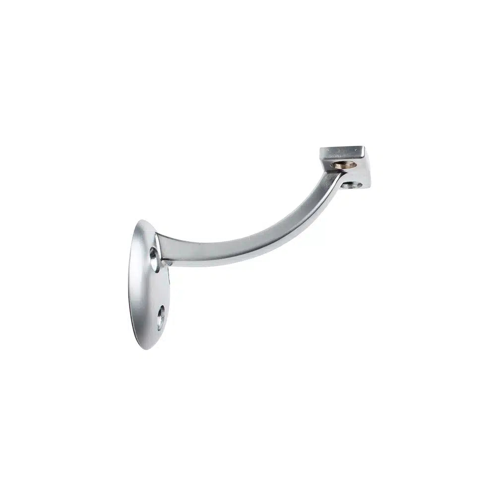 The Taymor Industries silver zinc die-cast metal handrail bracket features a curved arm, round base plate with two screw holes for wall mounting, and a flat top plate with two holes for attaching a handrail. Ships from Canada; shown on white background.