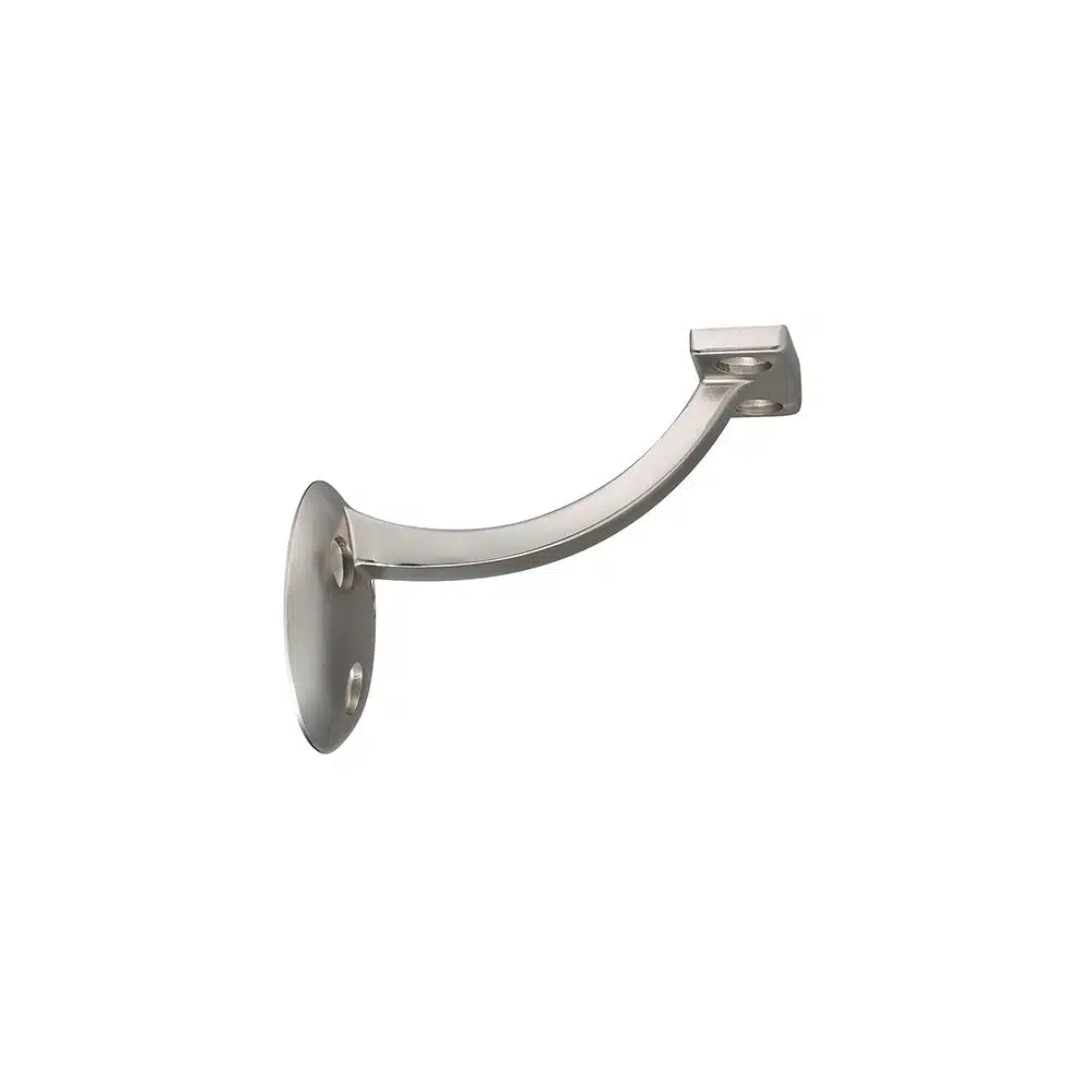 The Taymor Industries brushed nickel wall-mounted handrail bracket features a curved arm, round base plate, and durable zinc die-cast construction. Designed to support stair handrails and includes mounting screws for easy installation.