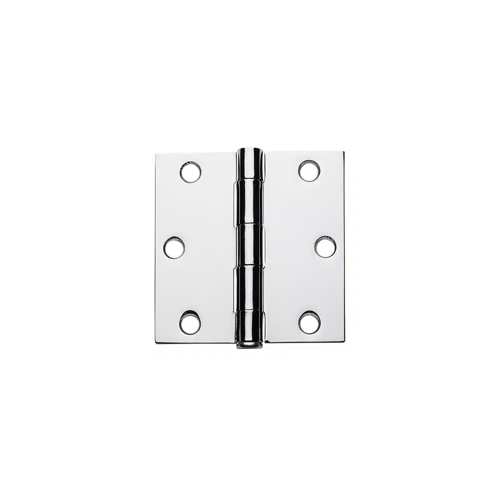 A shiny Taymor Industries metal door hinge with six screw holes—three per side for hinge or 3/4″ screws—and a central pin, displayed against a plain white background.
