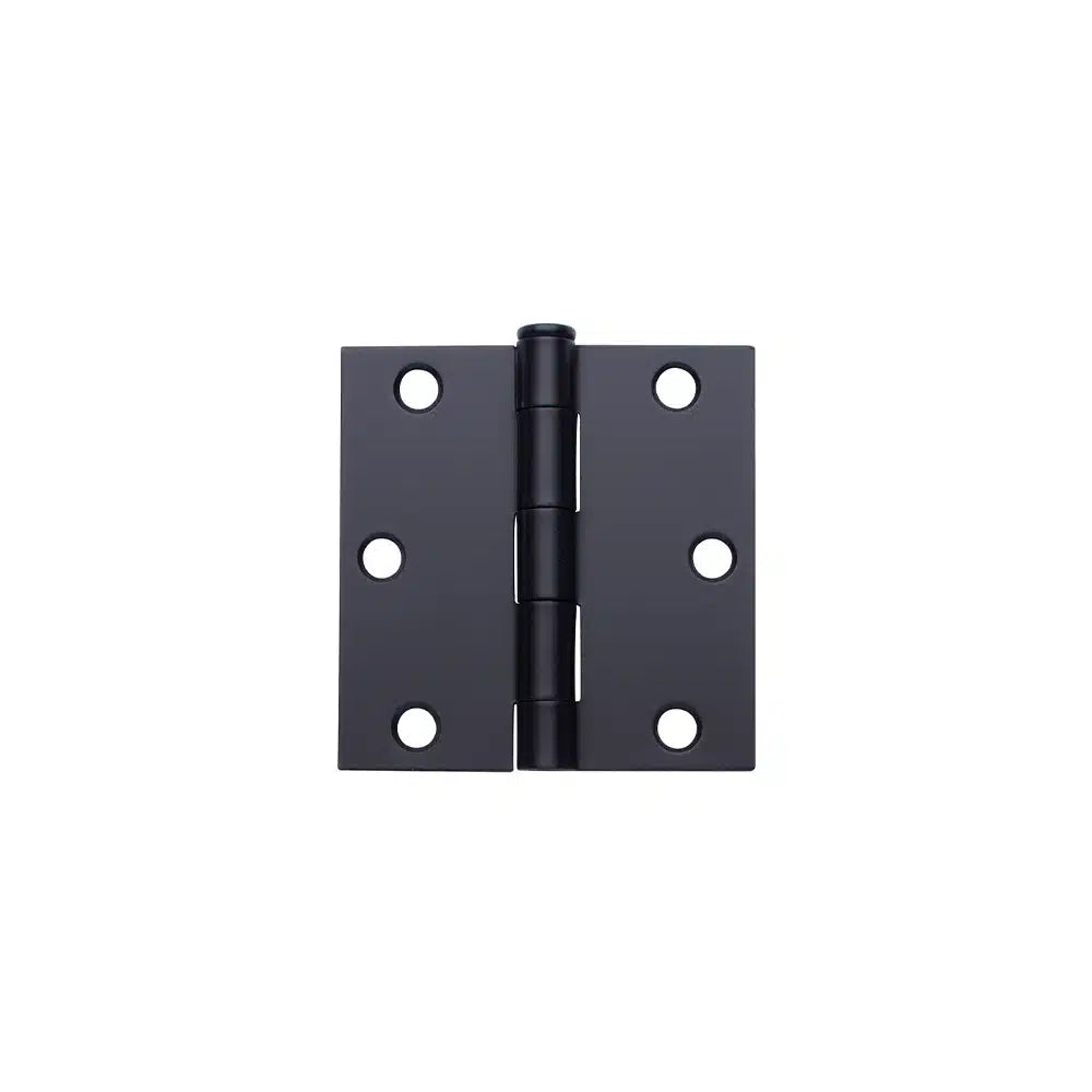 A black metal door hinge by Taymor Industries with three screw holes per side, shown on a white background. For secure installation, use compatible hinge screws or 3/4″ screws. Ships from Canada.