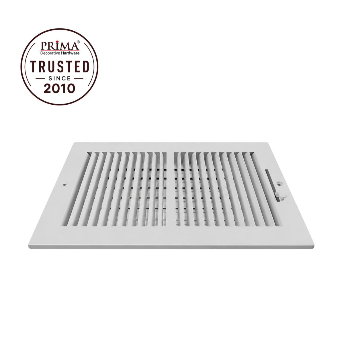 14 x 8 Two-Way Air Register Grille 2SW White Steel HVAC Vent Cover Side View with Trust Badge
