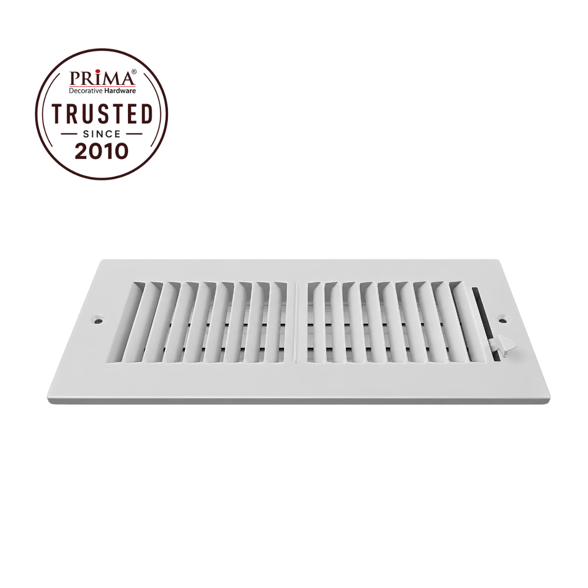 10 x 4 Two-Way Air Register Grille 2SW White Steel HVAC Vent Cover Side View with Trust Badge