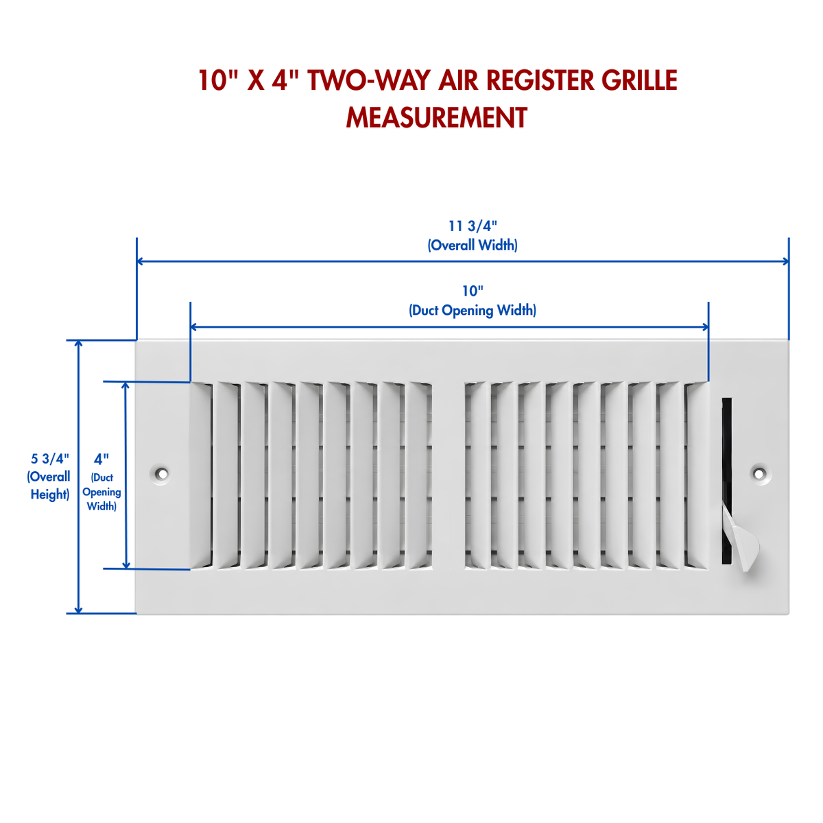 10 x 4 Two-Way Air Register Grille 2SW Measurement Guide | White Steel HVAC Vent Cover for Wall & Ceiling Installation