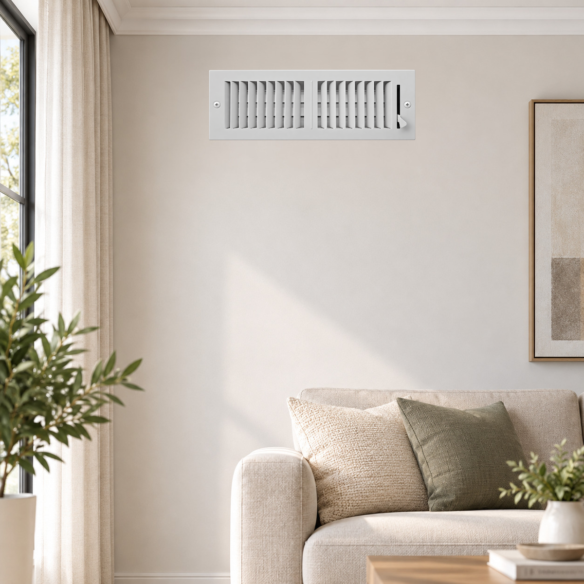 10 x 4 Two-Way Air Register Grille 2SW | White Steel HVAC Vent Cover Installed on Wall in Modern Living Room