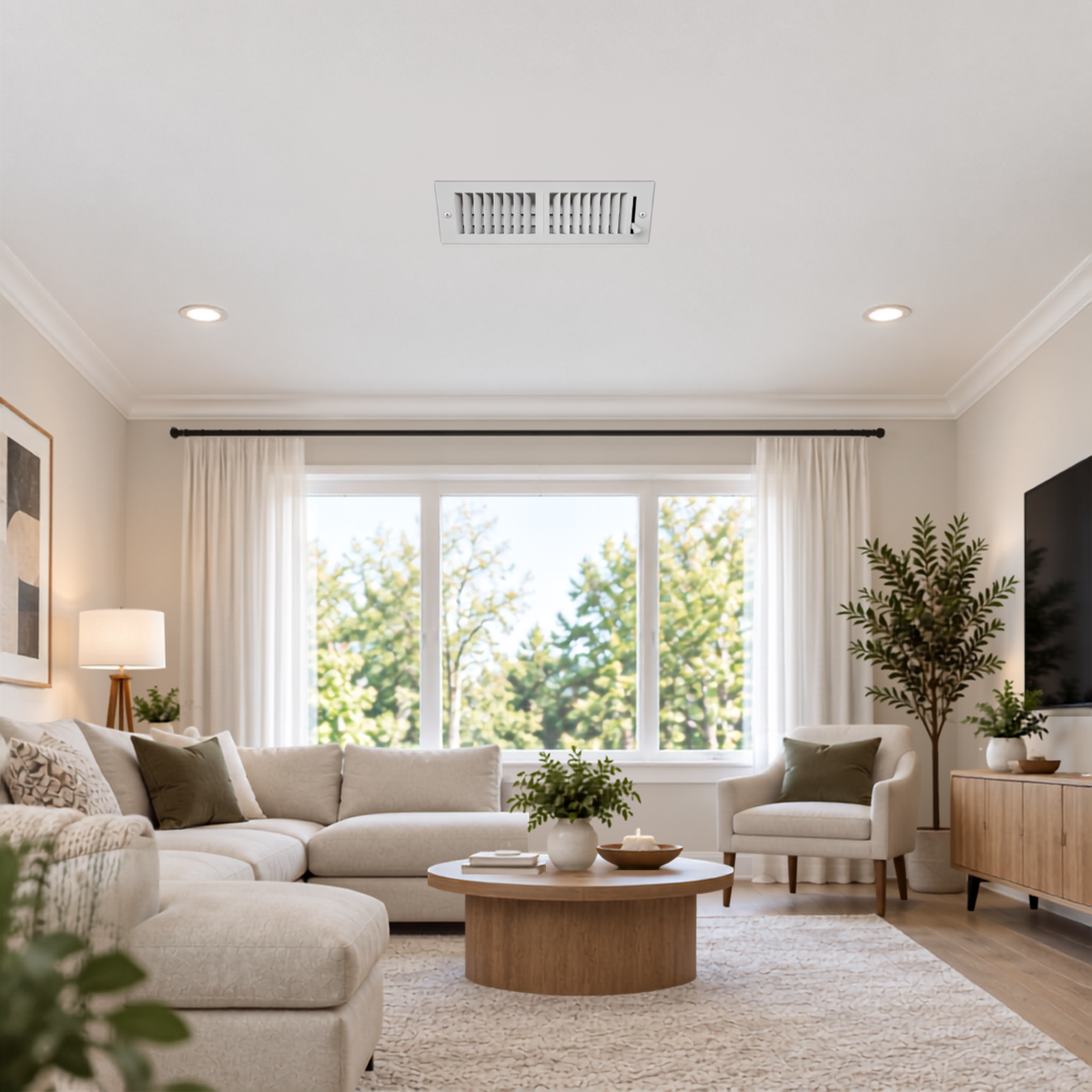 10 x 4 Two-Way Air Register Grille 2SW | White Steel HVAC Vent Cover Installed on Ceiling in Modern Living Room