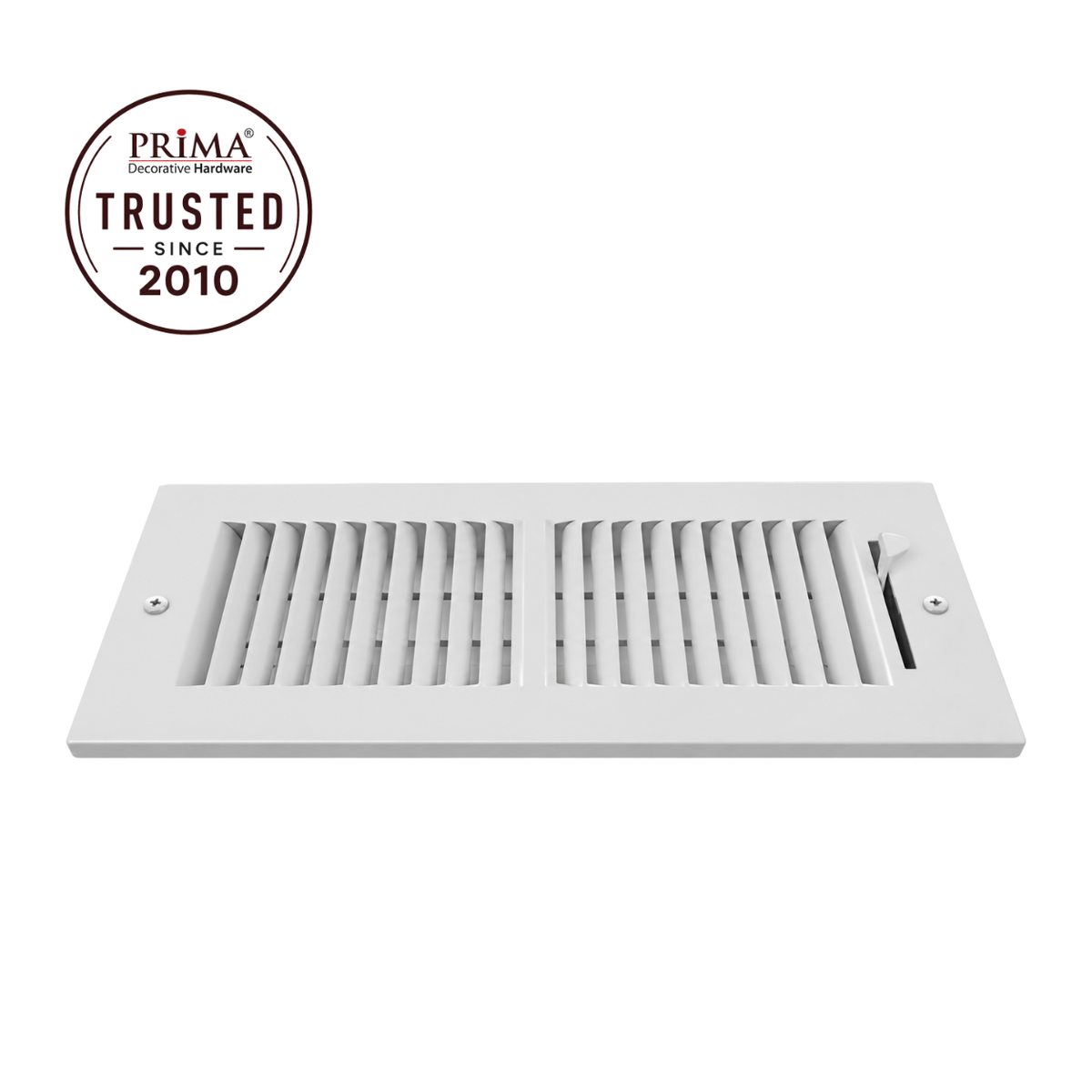 10 x 6 Two-Way Air Register Grille 2SW White Steel HVAC Vent Cover Side View with Trust Badge
