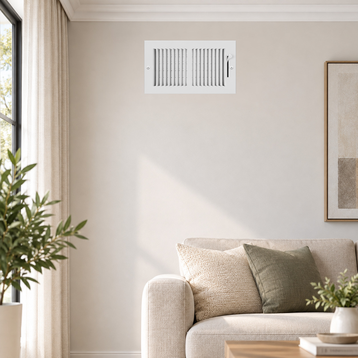 10 x 6 Two-Way Air Register Grille 2SW | White Steel HVAC Vent Cover Installed on Wall in Modern Living Room
