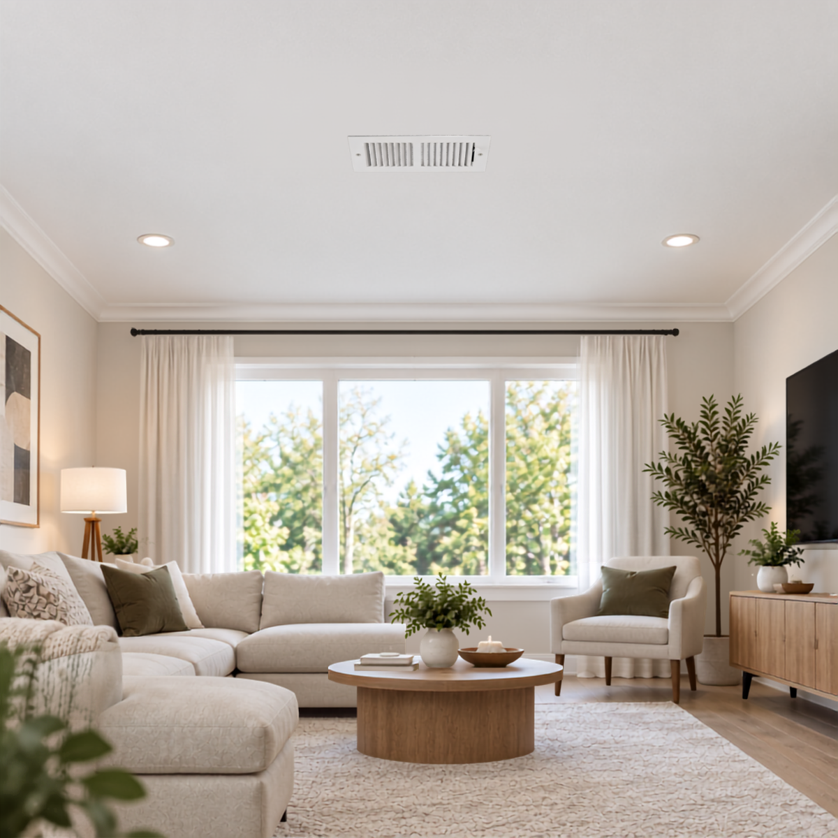 10 x 6 Two-Way Air Register Grille 2SW | White Steel HVAC Vent Cover Installed on Ceiling in Modern Living Room
