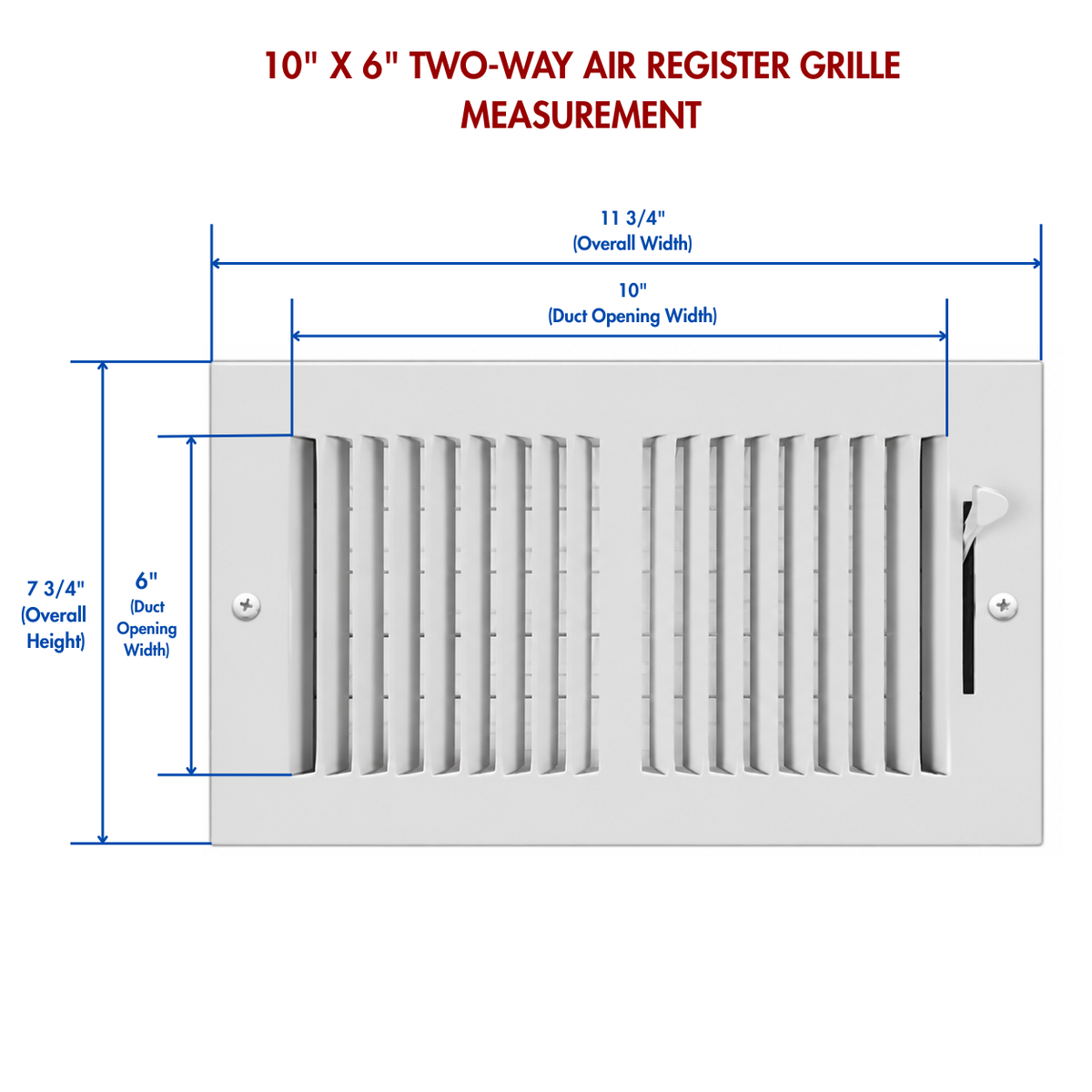 10 x 6 Two-Way Air Register Grille 2SW Measurement Guide | White Steel HVAC Vent Cover for Wall & Ceiling Installation
