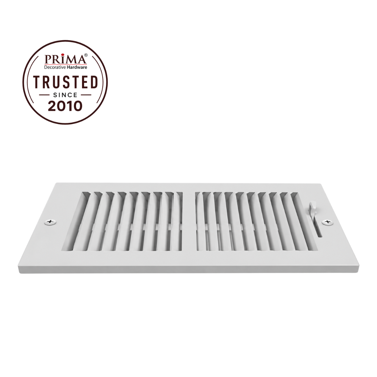 10 x 8 Two-Way Air Register Grille 2SW White Steel HVAC Vent Cover Side View with Trust Badge
