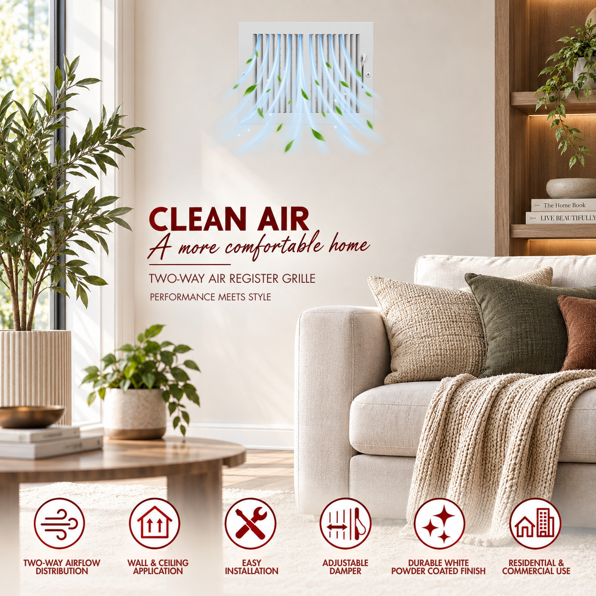 10 x 8 Two-Way Air Register Grille 2SW Benefits | Two-Way Airflow, Adjustable Damper, Wall & Ceiling Use & White Finish

