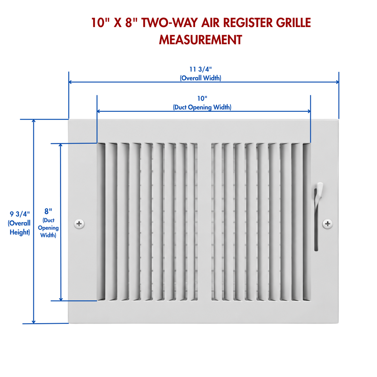10 x 8 Two-Way Air Register Grille 2SW Measurement Guide | White Steel HVAC Vent Cover for Wall & Ceiling Installation
