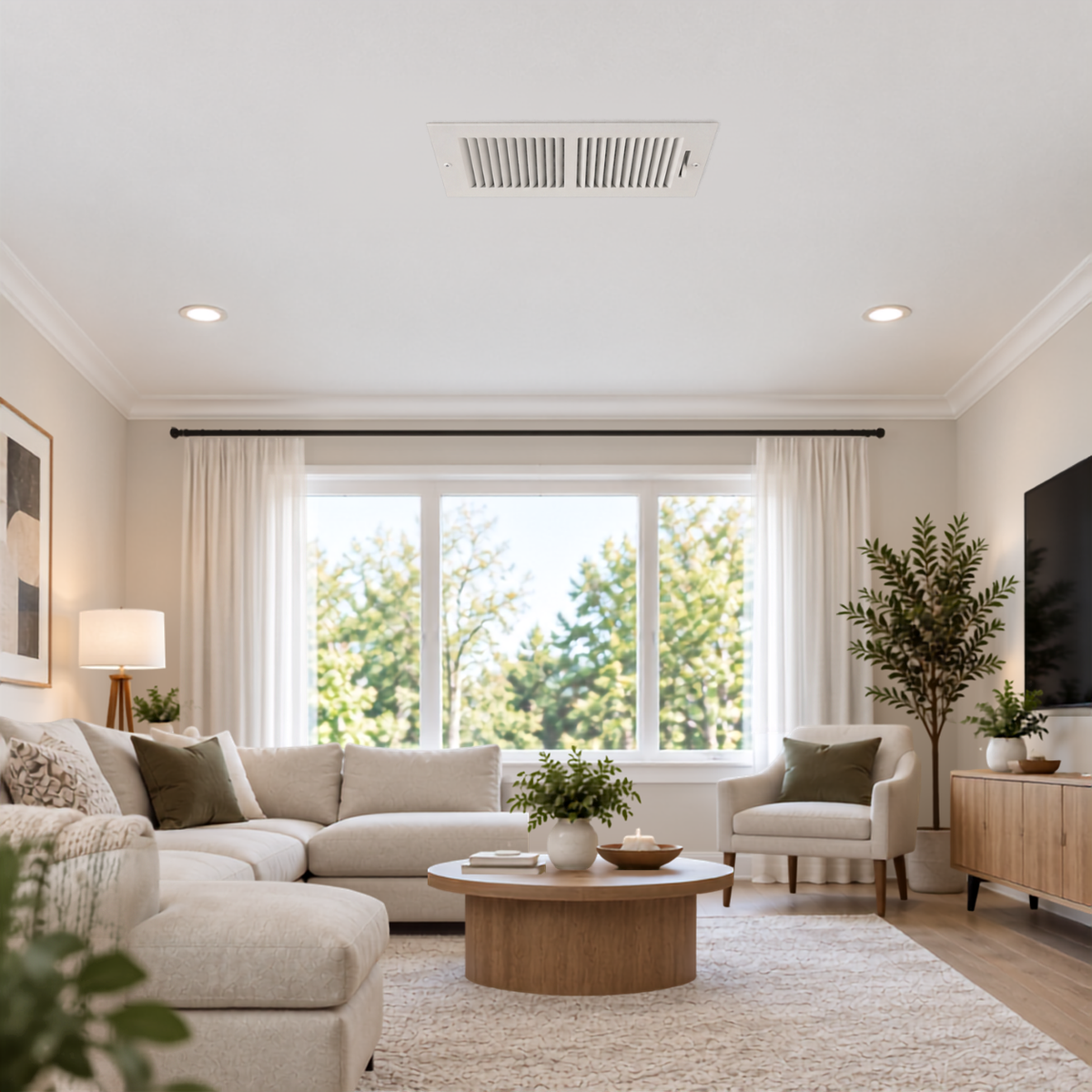 14 x 6 Two-Way Air Register Grille 2SW | White Steel HVAC Vent Cover Installed on Ceiling in Modern Living Room
