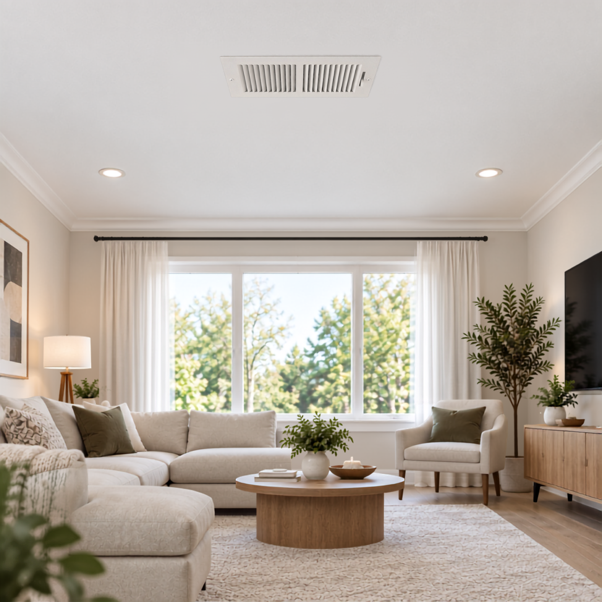 12 x 8 Two-Way Air Register Grille 2SW | White Steel HVAC Vent Cover Installed on Ceiling in Modern Living Room
