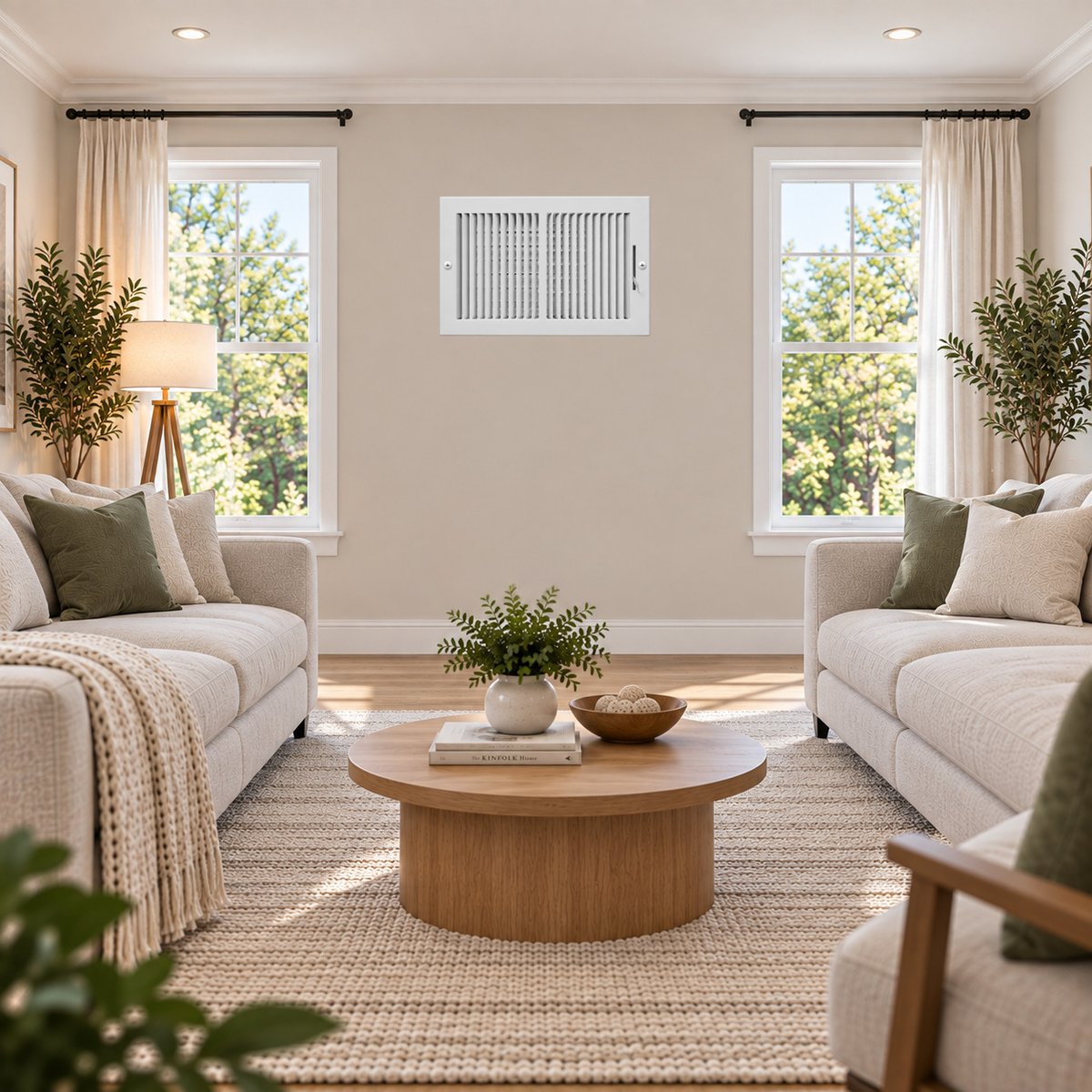 12 x 8 Two-Way Air Register Grille 2SW | White Steel HVAC Vent Cover Installed on Wall in Modern Living Room
