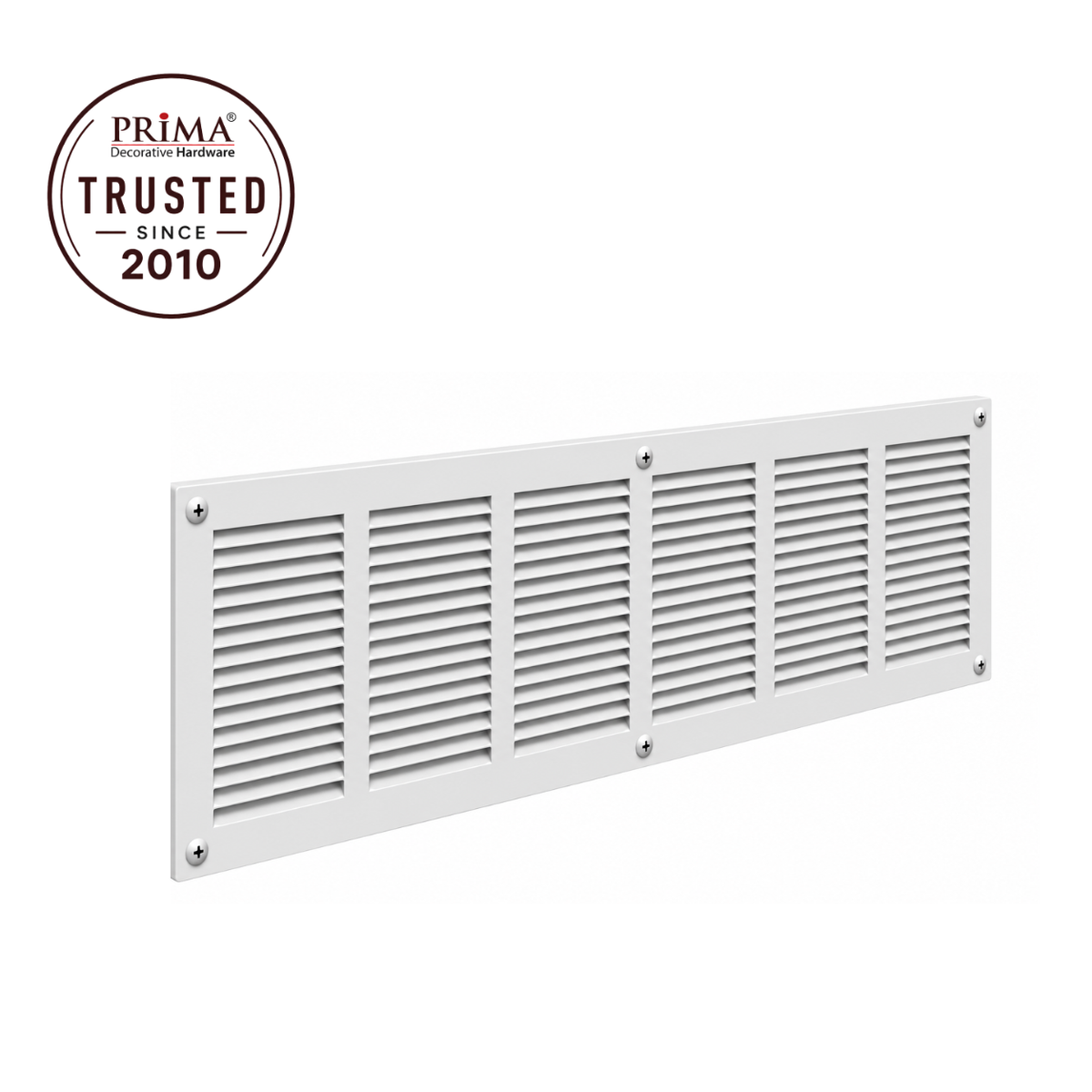 30" x 8" white steel air return grille with horizontal slats for sidewall and ceiling HVAC vent with trust badge.
