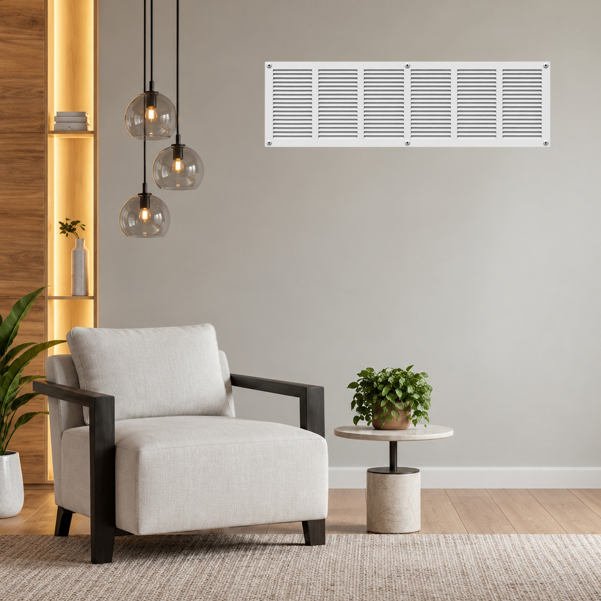 30" x 8" white steel air return grille with horizontal slats for sidewall and ceiling HVAC vent installed in a grey wall.

