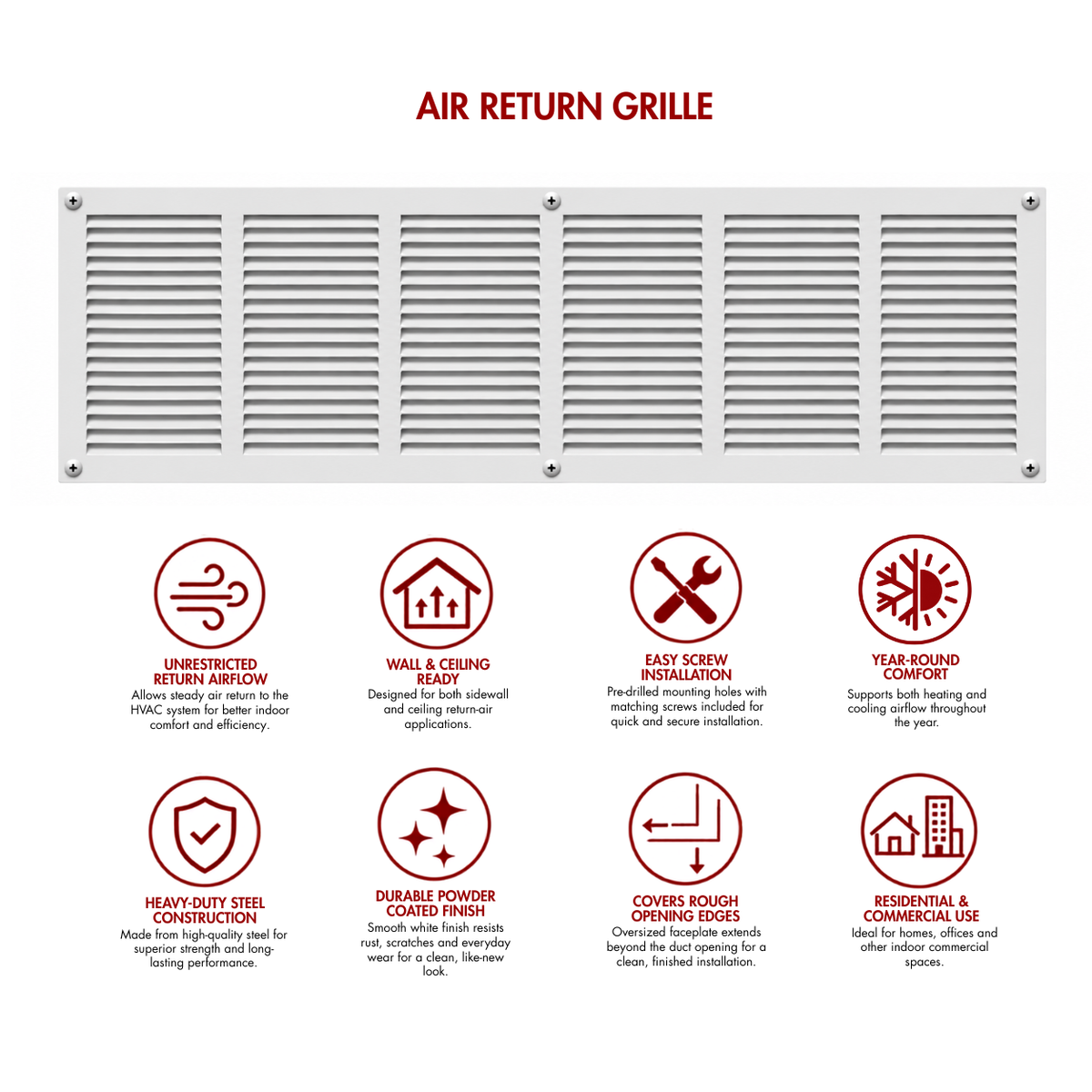 30" x 8" white steel air return grille for sidewall and ceiling HVAC vents with product benefits and feature icons.
