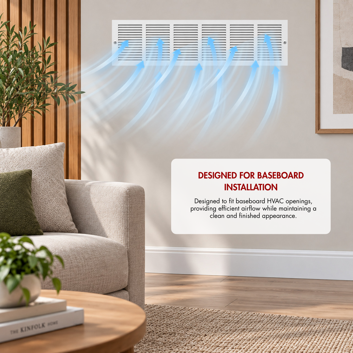 30 X 8 White baseboard air return grille installed on a living room wall with airflow illustration for HVAC ventilation
