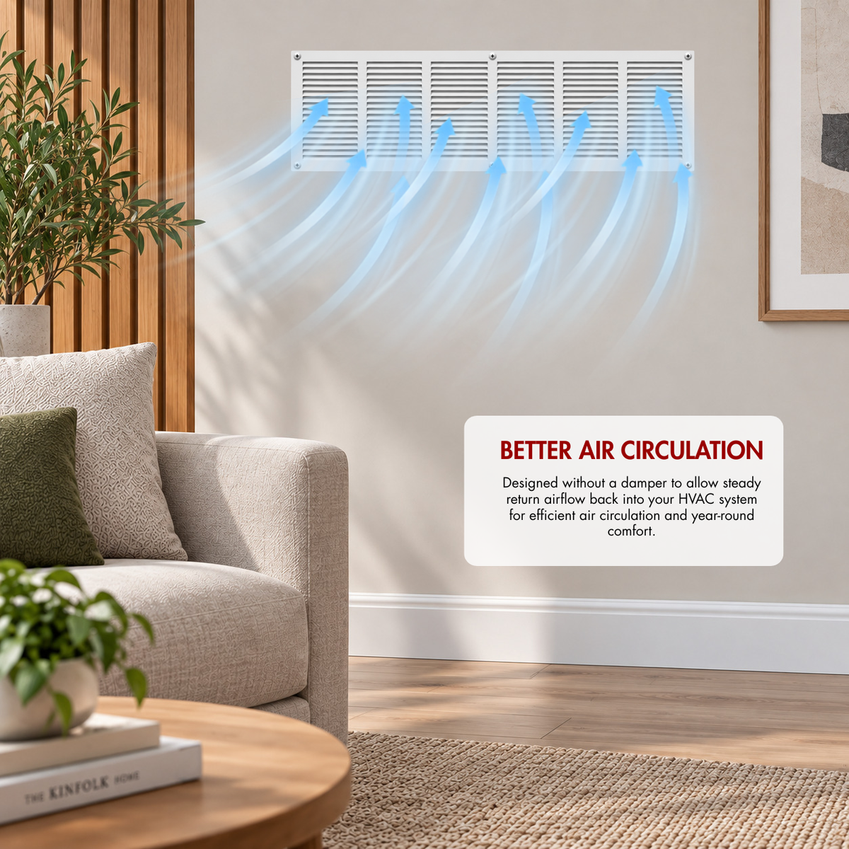 36" x 8" white steel air return grille installed on wall with airflow illustration for improved HVAC air circulation.
