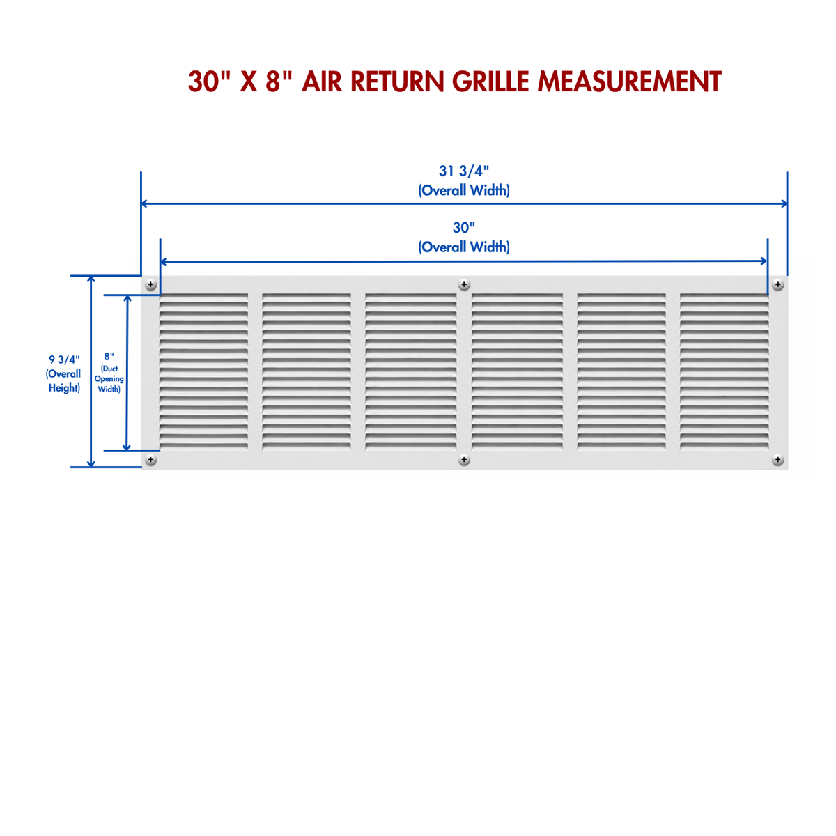 30" x 8" white steel air return grille measurement.
