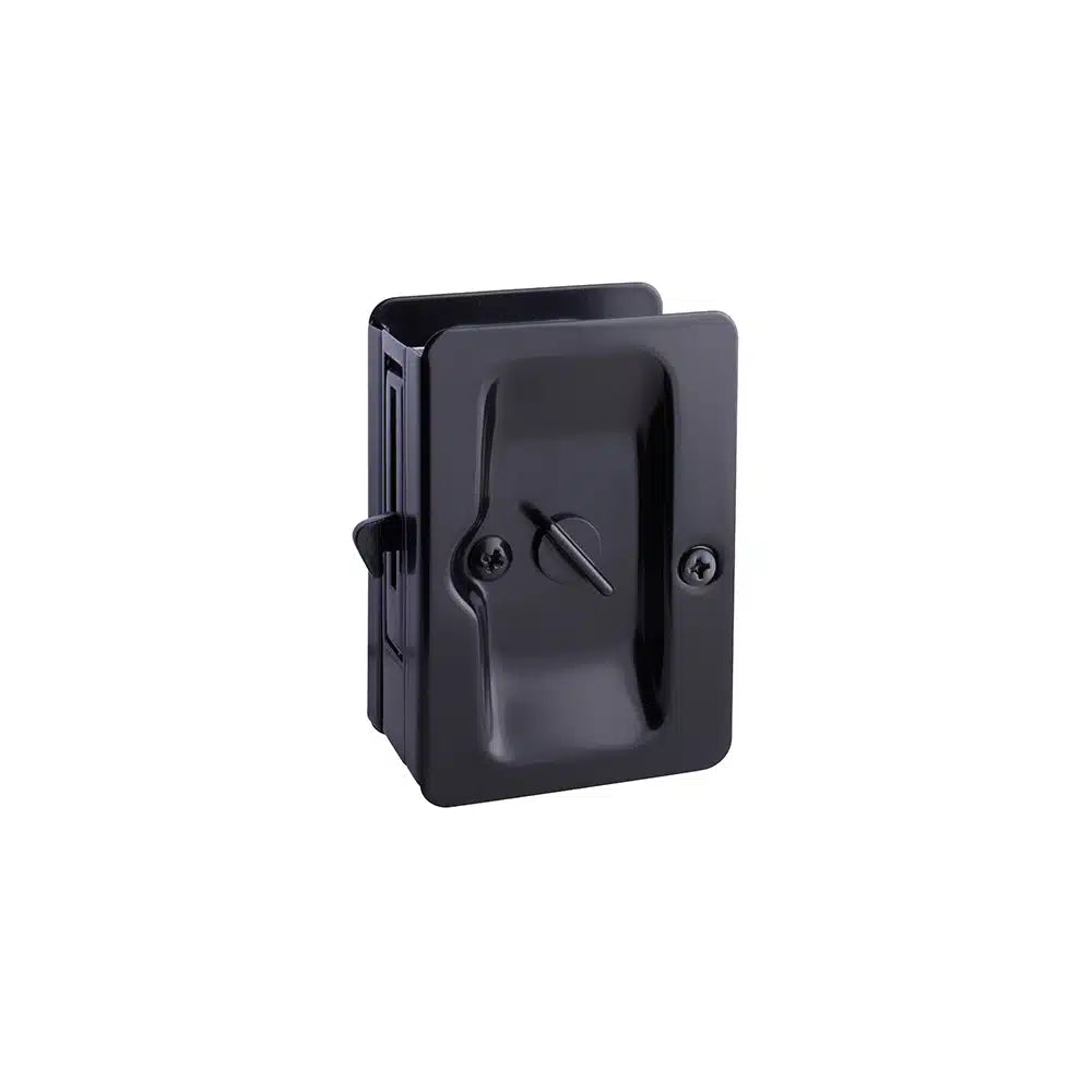 Taymor Industries black rectangular recessed door latch, featuring a central turn handle, two mounting screws, and a flush solid brass design—perfect sliding door hardware for doors with notch prep. Shown on plain white background.