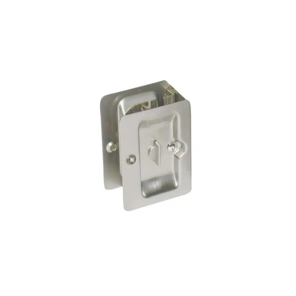 The Taymor Industries metal sliding door latch features a rectangular recessed handle with visible screws, designed for doors with standard sliding door hardware or notch prep.