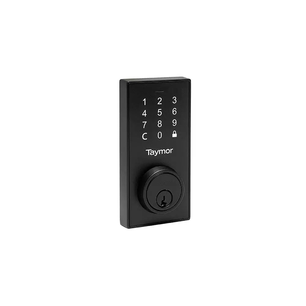 A black Taymor Industries Bluetooth digital deadbolt with a touchpad number pad and keyhole, shown on a white background, provides secure property access management.
