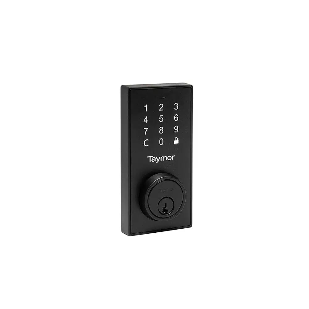 The Taymor Industries black digital door lock features a touchscreen keypad with numbers 0-9, C, and a lock symbol, plus a keyed cylinder—providing keyless entry and programmable user codes for enhanced security.
