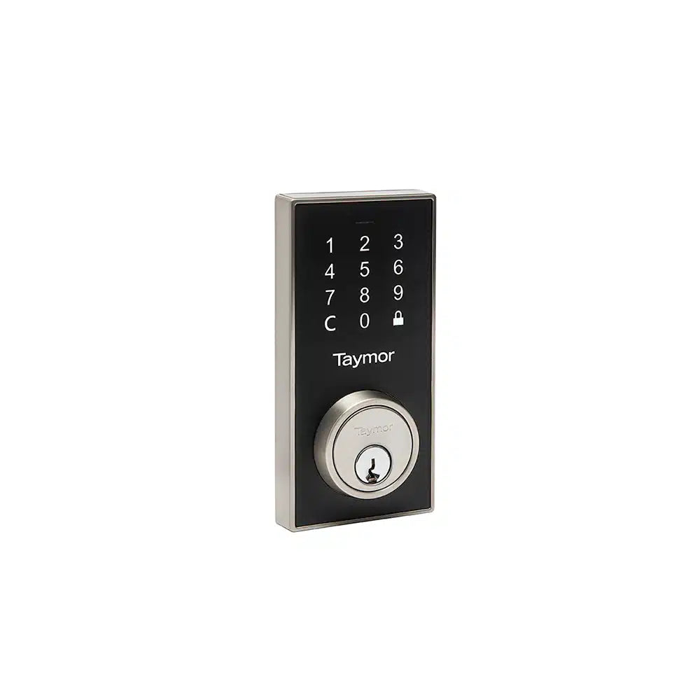 A sleek Bluetooth digital deadbolt from Taymor Industries with a black touchpad, numeric keypad, lock/unlock icons, and a silver keyhole—perfect for seamless property access management.