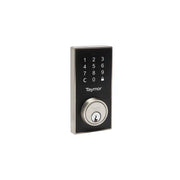 A Taymor Industries digital door lock featuring a black touchpad keypad and silver keyhole at the bottom, with programmable user codes, is shown mounted on a white background.