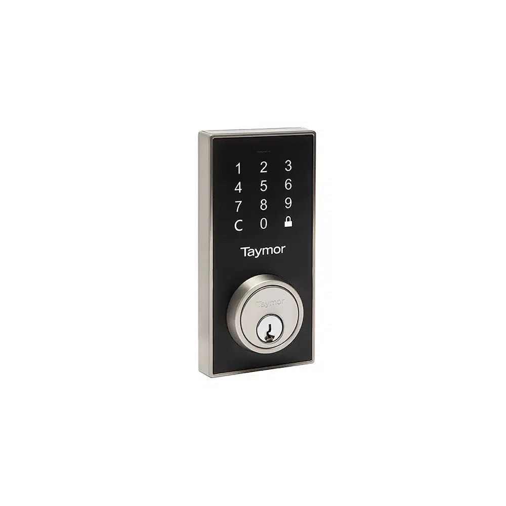 A Taymor Industries digital door lock featuring a black touchpad keypad and silver keyhole at the bottom, with programmable user codes, is shown mounted on a white background.