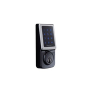 The Taymor Industries smart door lock in black and silver features an illuminated touchscreen keypad with numbers and symbols for convenient keyless entry.