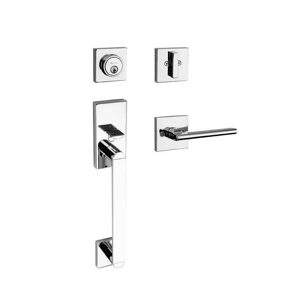 The Taymor Industries chrome handleset features a rectangular lever handle, matching backplates, square deadbolt lock with universal 6-in-1 latches, shiny metallic finish, and a reversible lock for versatile installation.