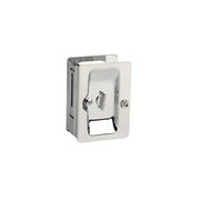 A chrome-finished metal latch by Taymor Industries, featuring a rectangular faceplate, small lever, and two screws—designed for sliding door hardware and notch prep installation in panels or doors.