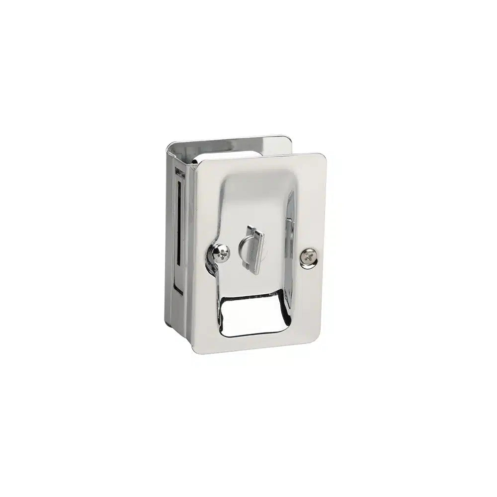 A chrome-finished metal latch by Taymor Industries, featuring a rectangular faceplate, small lever, and two screws—designed for sliding door hardware and notch prep installation in panels or doors.