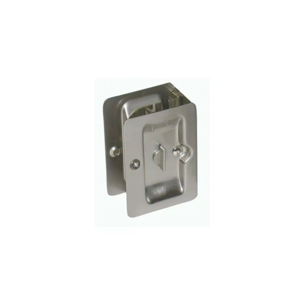 The Taymor Industries brushed metal rectangular flush pull latch features a recessed handle and two visible screws, designed as premium sliding door hardware for installation on doors or panels.