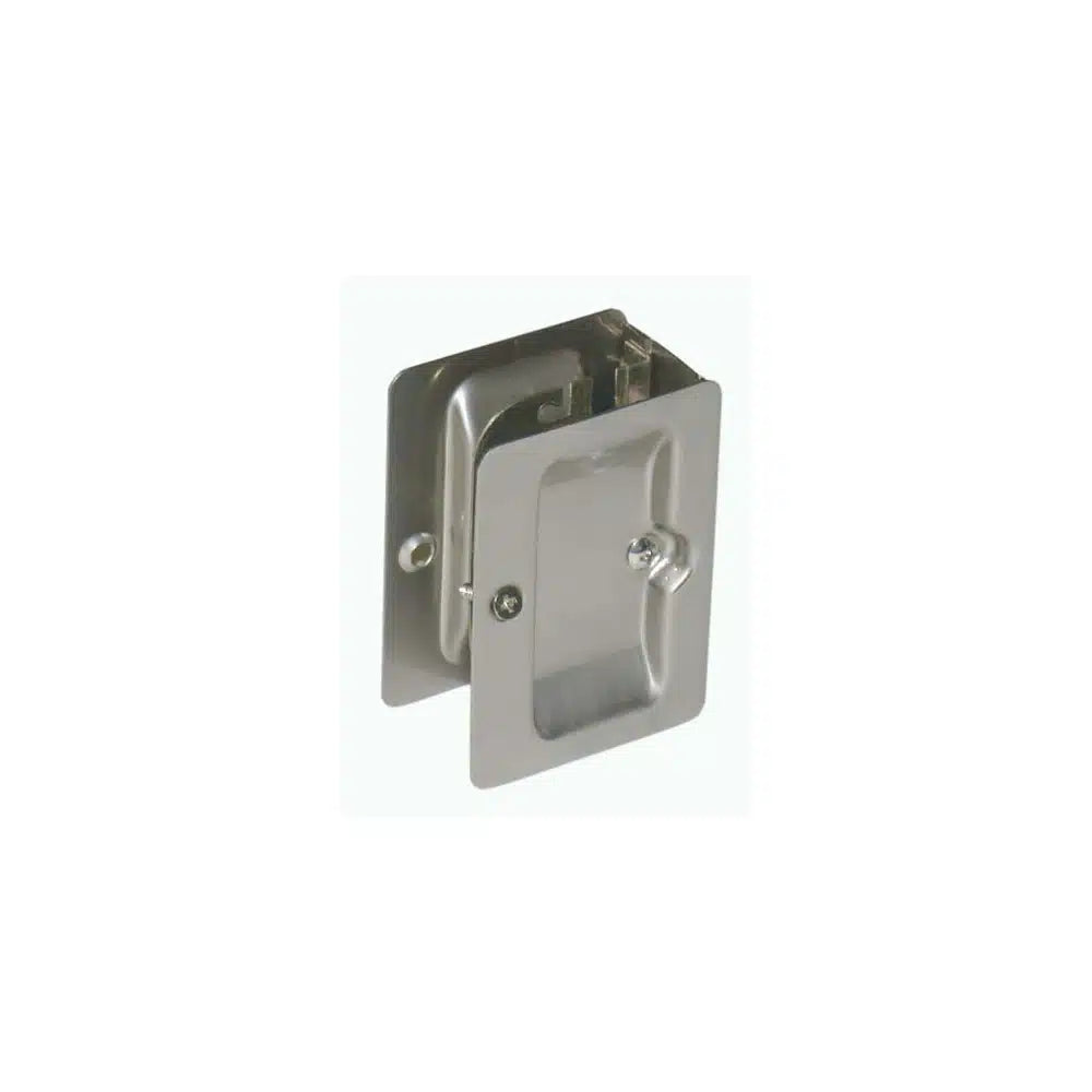 A metal rectangular recessed door latch by Taymor Industries, with rounded edges, central turn knob, and mounting plate—ideal for sliding doors or notched door prep—photographed on a plain white background.