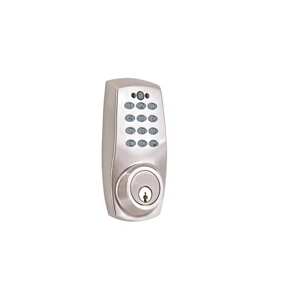 A Taymor Industries silver electronic door lock with a round keyhole at the bottom and a motorized deadbolt, mounted on a white background.