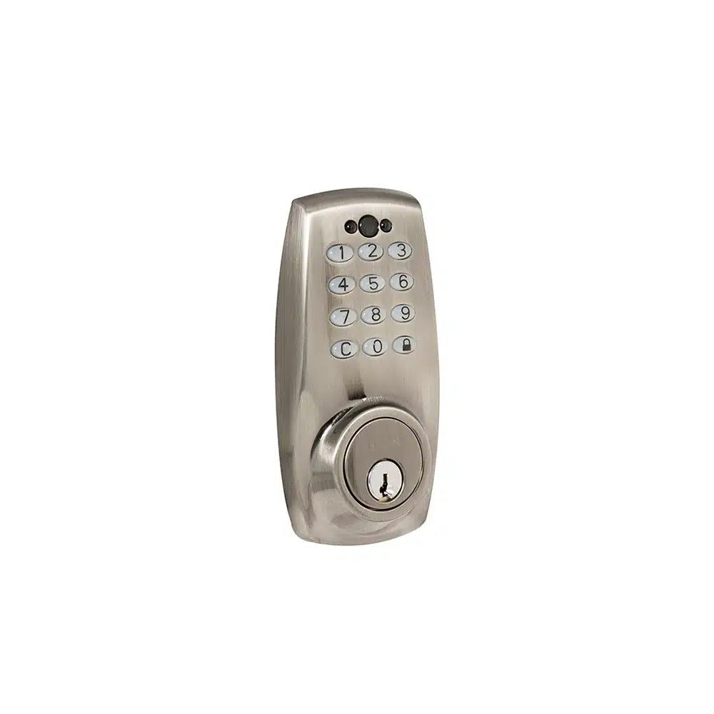 A Taymor Industries brushed metal electronic door lock keypad with numbered buttons, a traditional keyhole at the bottom, and a motorized deadbolt, isolated on a white background.