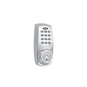 A Taymor Industries silver electronic door lock with a motorized deadbolt, numeric keypad, and traditional keyhole at the bottom is shown against a plain white background.