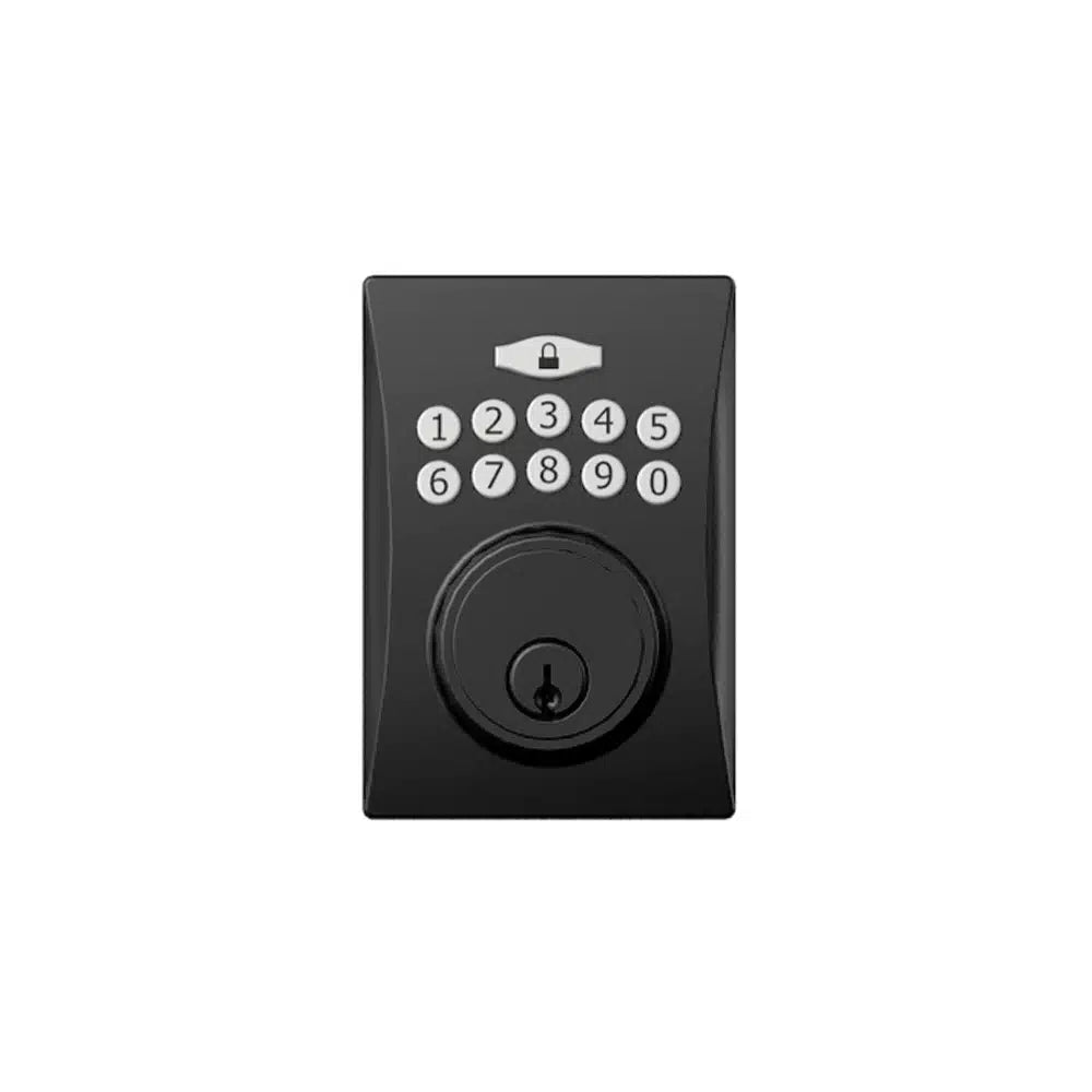 A Taymor Industries black keyless door lock with numbers 0–9 and a keyhole below the keypad, shown front-facing on a white background.
