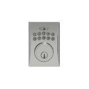 The Taymor Industries silver keyless door lock features a numeric keypad (buttons 0-9), a top lock/unlock button, a keyhole below the keypad, and comes with a universal latch for easy installation.