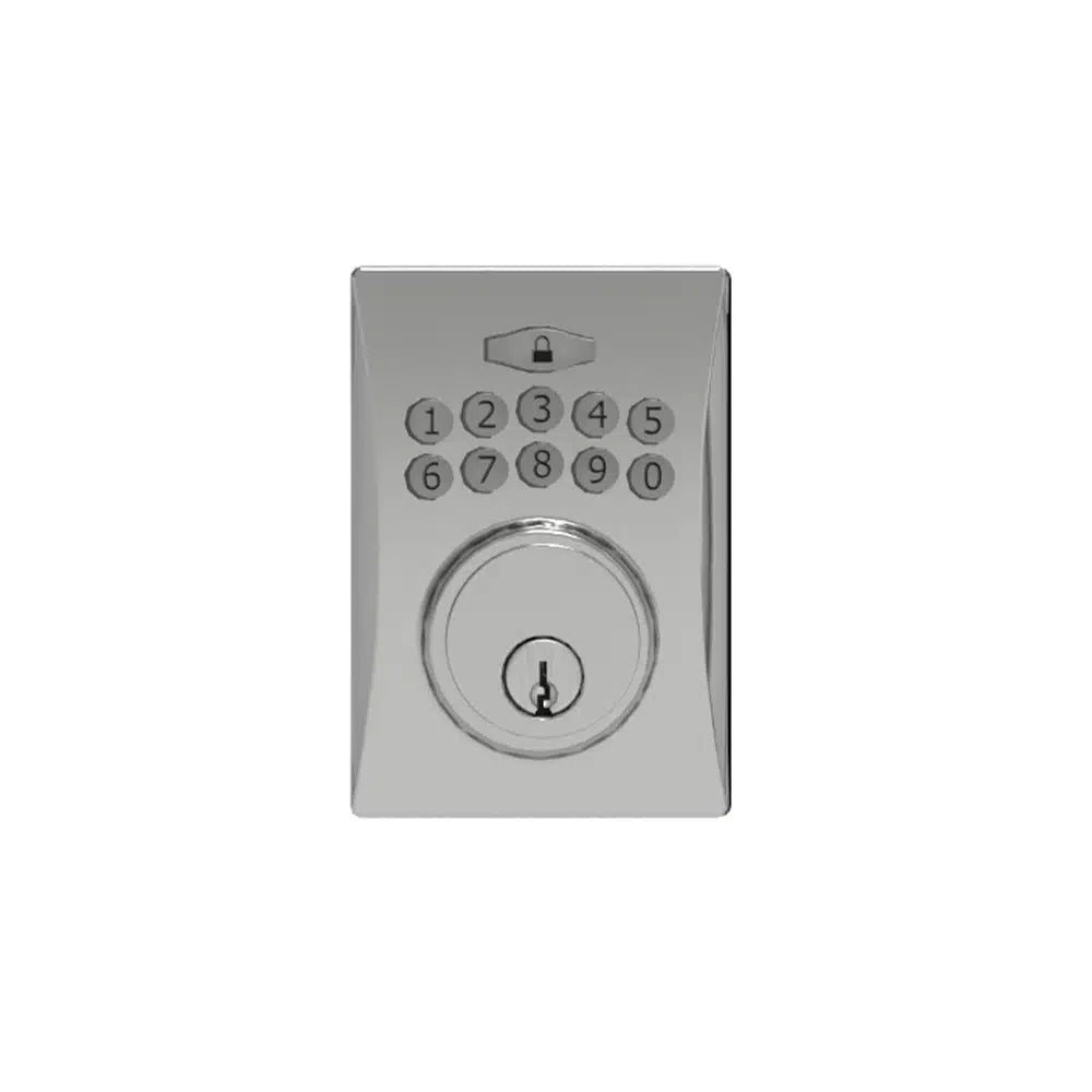 The Taymor Industries silver keyless door lock features a numeric keypad (buttons 0-9), a top lock/unlock button, a keyhole below the keypad, and comes with a universal latch for easy installation.